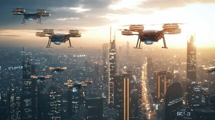 Poster - Flying Drones in Futuristic Military Formation Over Urban Skyline