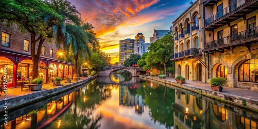 Majestic San Antonio River Walk Architecture at Sunset Stock