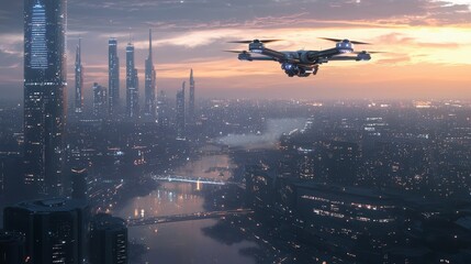 Poster - Modern Drone Aircraft Navigating Futuristic City at Sunset