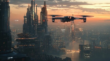 Poster - Futuristic Drone Aircraft Navigating Modern Cityscape at Sunset