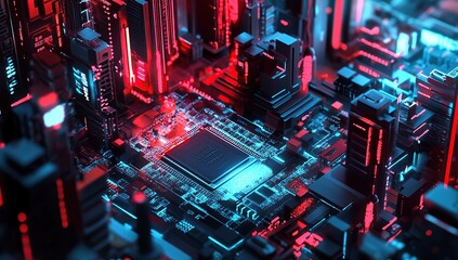 Poster - Exploring Futuristic Circuitry: A Digital Cityscape of Processors, Microchips, and Advanced Technology, Illuminated in Vivid Neon Colors