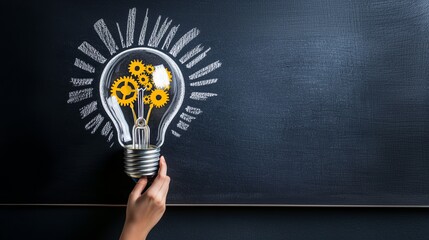 Poster - Vintage Light Bulb Illustration with Gears Hand-Drawn on Black Background for Creative Concepts and Innovation Themes