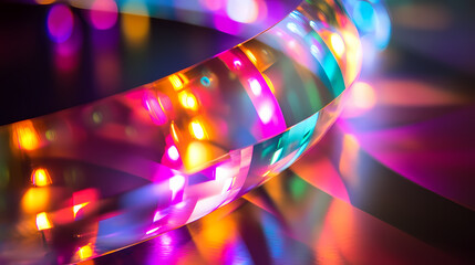 Wall Mural - Close-up of colorful refracted light patterns on a curved surface against a dark background. Futuristic Light Refractions. Illustration