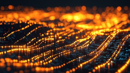 Poster - Abstract Orange Lights Flowing Dynamically Across Circuit Board, Creating a Futuristic and Technological Landscape