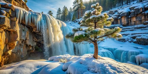 Wall Mural - Majestic Winter Waterfall: Frost-Covered Pine on Snowy Cliff