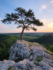 Poster - Serene Sunset View of a Lone Tree on a Rock Outcrop Against a Scenic Landscape : Generative AI