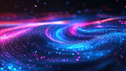 Poster - Abstract Swirling Lights: Neon Blue and Pink Glowing Particle Waves Dance Dynamically Across Dark Background, Creating a Mesmerizing Visual Spectacle.