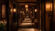 © muhammad - Luxurious spa hallway, warm lighting, wooden decor, peaceful ambiance, relaxation