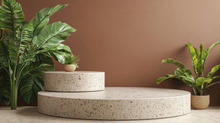 Poster - A refined stone podium sits on a smooth surface amidst lush greenery, creating a serene atmosphere ideal for showcasing decorative elements against a warm earthy backdrop