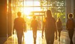 © Selvi - Students Walk Towards Sunset in Modern Building, Bright Future Ahead, Golden Hour,  Youthful Aspirations, Education Journey.
