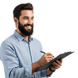 © Niko - Smiling bearded businessman holding a clipboard and pen on a transparent background