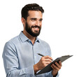 © Niko - Smiling bearded businessman holding a clipboard and pen on a transparent background