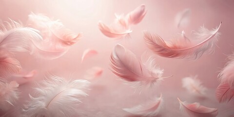 Wall Mural - Delicate Pink and White Feathers Floating in Gentle Air Currents, a Dreamlike Scene of Serenity and Tranquility