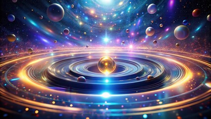 Wall Mural - a cosmic swirl of vibrant energy surrounds a radiant golden orb at the center of a swirling galaxy, 