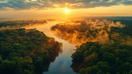 Wall Mural - golden hour over river: an aerial vista captures a winding river cutting through a dense forest at s