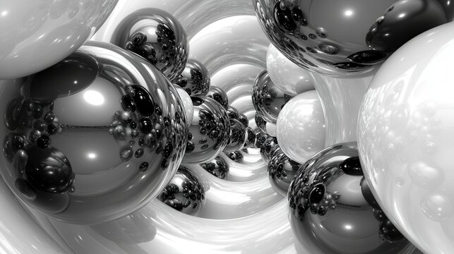 Abstract grayscale spheres in a swirling tunnel, creating a dynamic and visually captivating composition.