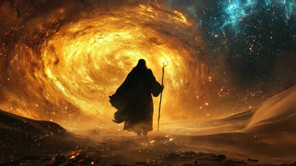 Poster - Surreal Artistic Depiction of Moses in a Glowing Cosmic Landscape
