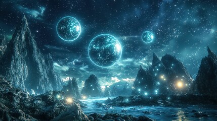 Poster - Surreal Celestial Haven with Glowing Orbs in a Dreamy Landscape