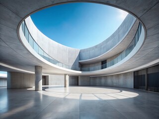 Poster - Minimalist Concrete Architecture: Empty Museum Plaza with Curved Walls and White Podium