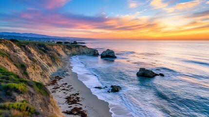 Poster - Breathtaking Sunset Over Coastal Cliffs and Ocean Waves for Travel and Nature Enthusiasts : Generative AI