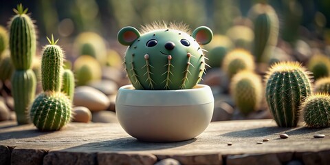 Poster - Minimalist Garden Cactus:  Succulent Plant in Pot, Desert Plant,  Geometric Pot,  Simple Background