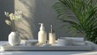 © gentho - White minimalist bathroom tray with toiletries, flowers, and palm leaf.