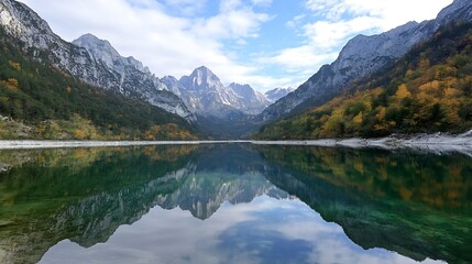 Poster - Stunning Alpine Landscape with Reflections of Mountains and Autumn Trees in Serene Lake : Generative AI