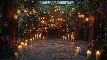 Poster - A cozy garden filled with glowing candles and lush flowers creates a magical atmosphere during an intimate evening gathering. Soft light dances with nature, promoting tranquility