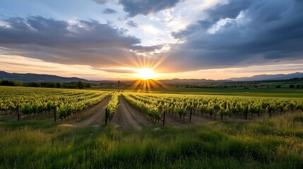 Poster - Golden hour in a vineyard with dramatic clouds highlighting the beauty of the landscape : Generative AI