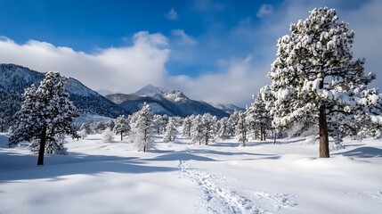 Poster - Winter snow-covered landscape with pine trees and mountains under bright blue sky : Generative AI