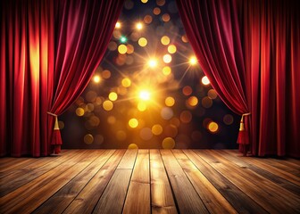 Poster - Minimalist Stage Spotlight Bokeh: Wooden Floor, Dim Lighting, Copy Space, Dramatic Curtain Backdrop
