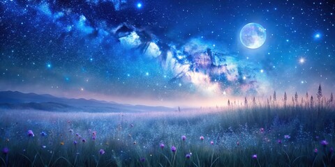 Wall Mural - Serene Night Field Under a Celestial Canvas of Stars and a Full Moon