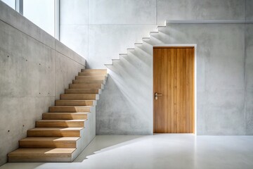 Poster - Minimalist White Concrete Stairs Leading to Wooden Door - Modern Architecture Stock Photo