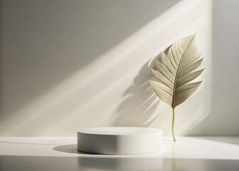 Poster - Minimalist White Platform with Leaf Shadow: Elegant Background Stock Photo