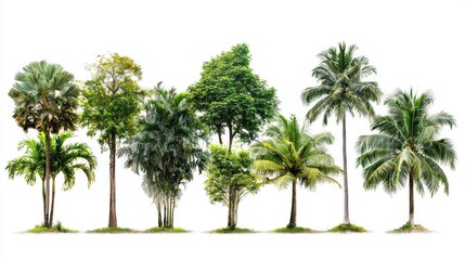 Poster - A collection of trees stands isolated on a pristine white background, showcasing varied shapes, sizes, and colors that celebrate the richness of nature's flora in a minimalist setting
