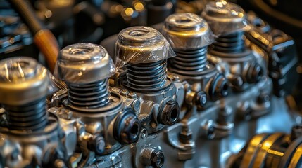 Poster - Artistic Interior Shot of Engine Components with Protective Covers