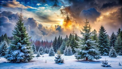 Wall Mural - Minimalist Winter Wonderland: Frosty Coniferous Forest in Blizzard's Approach