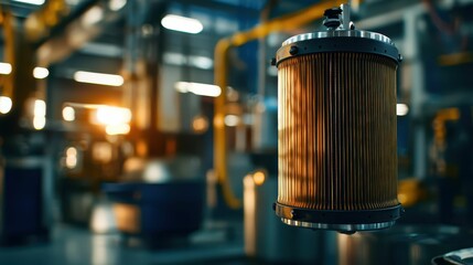 Poster - Industrial Oil Filter Displayed in Ambient Factory Environment