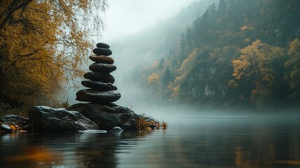 Aufkleber - Beautifully Balanced Stones Stacked on a Misty Lake Shore in a Peaceful Autumn Landscape : Generative AI