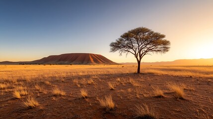 Poster - Stunning Sunset Over Majestic Desert Landscape Featuring Iconic Lonely Tree : Generative AI