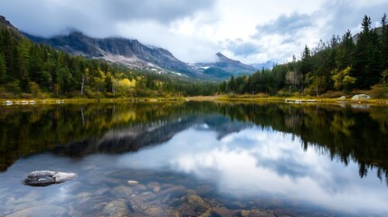 Poster - Breathtaking Mountain Reflection in Calm Lake Under Cloudy Sky in Autumn : Generative AI