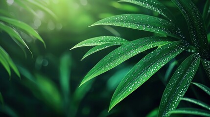 Wall Mural - Close-up of dewy tropical leaves in a lush environment