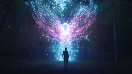 Sticker - A person stands in a dark forest facing a towering, glowing angelic figure made of digital lines, emitting an eerie light. Holographic Angelic Figure. Illustration