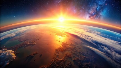 Wall Mural - A Majestic Sunrise Illuminates Earth's Curving Horizon, Bathed in Golden Light Against a Starry, Cosmic Backdrop