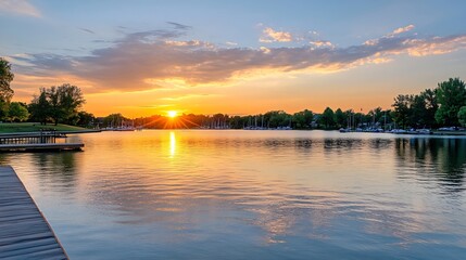Poster - Stunning Sunset Over a Calm Lake with Reflections and a Warm Golden Glow : Generative AI
