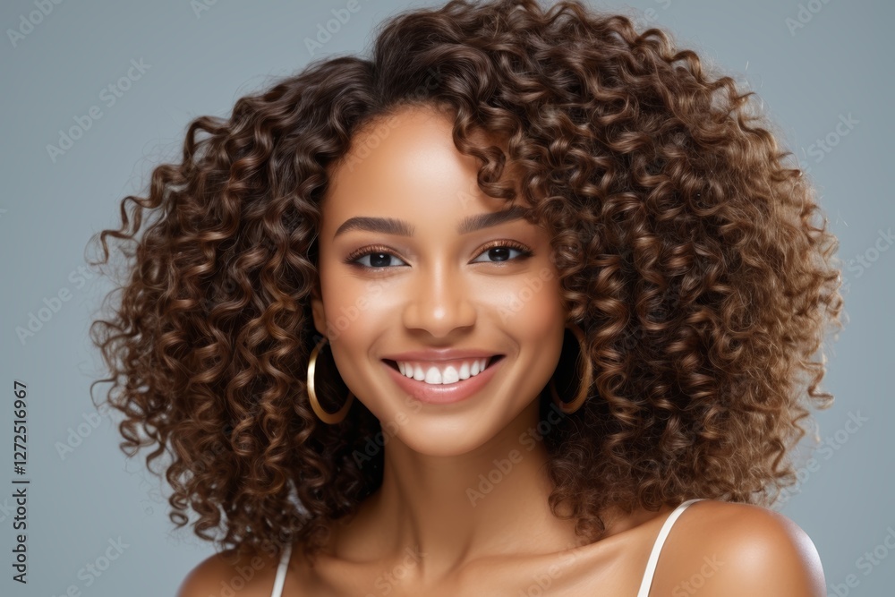 smiling woman with curly hair and hoop earrings posing for a picture ...