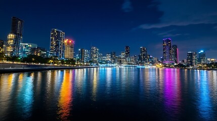 Poster - Vibrant City Skyline at Night with Colorful Lights Reflecting on Water : Generative AI