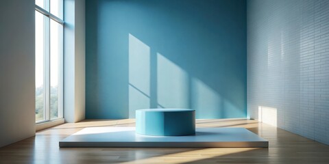 Wall Mural - minimalist display platform in a modern interior with sunlight streaming through a window