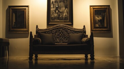 Wall Mural - Ornate Dark Brown Sofa with Gray Pillows in Dimly Lit Room with Framed Artwork