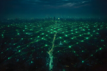 Poster - Night city network, aerial view, glowing lines